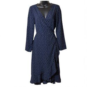 Chelsea28 Navy Blue Ruffle Wrap V Neck Long Sleeve Polka Dot Midi Dress Medium